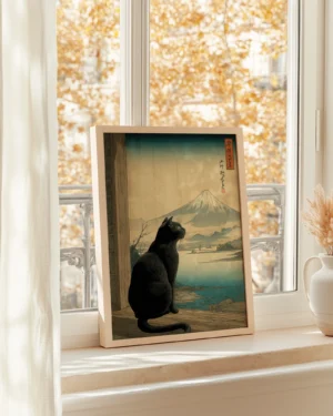 Black Cat Mount Fuji Japanese Printable Poster