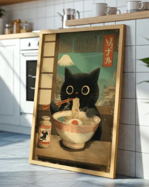 Vintage Black Cat Eating Ramen Japanese Printable Poster