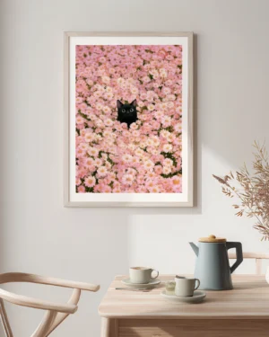 Black Cat Among Pink Daisies Printable Poster