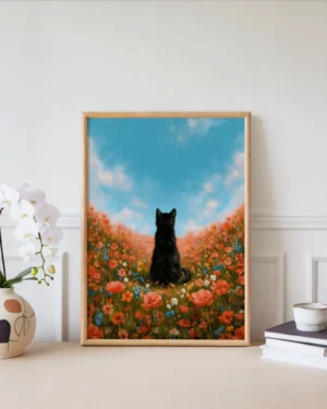 Black Cat in Flowers Printable Poster