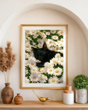 Black Kitten Napping in a Daisy Meadow Printable Poster